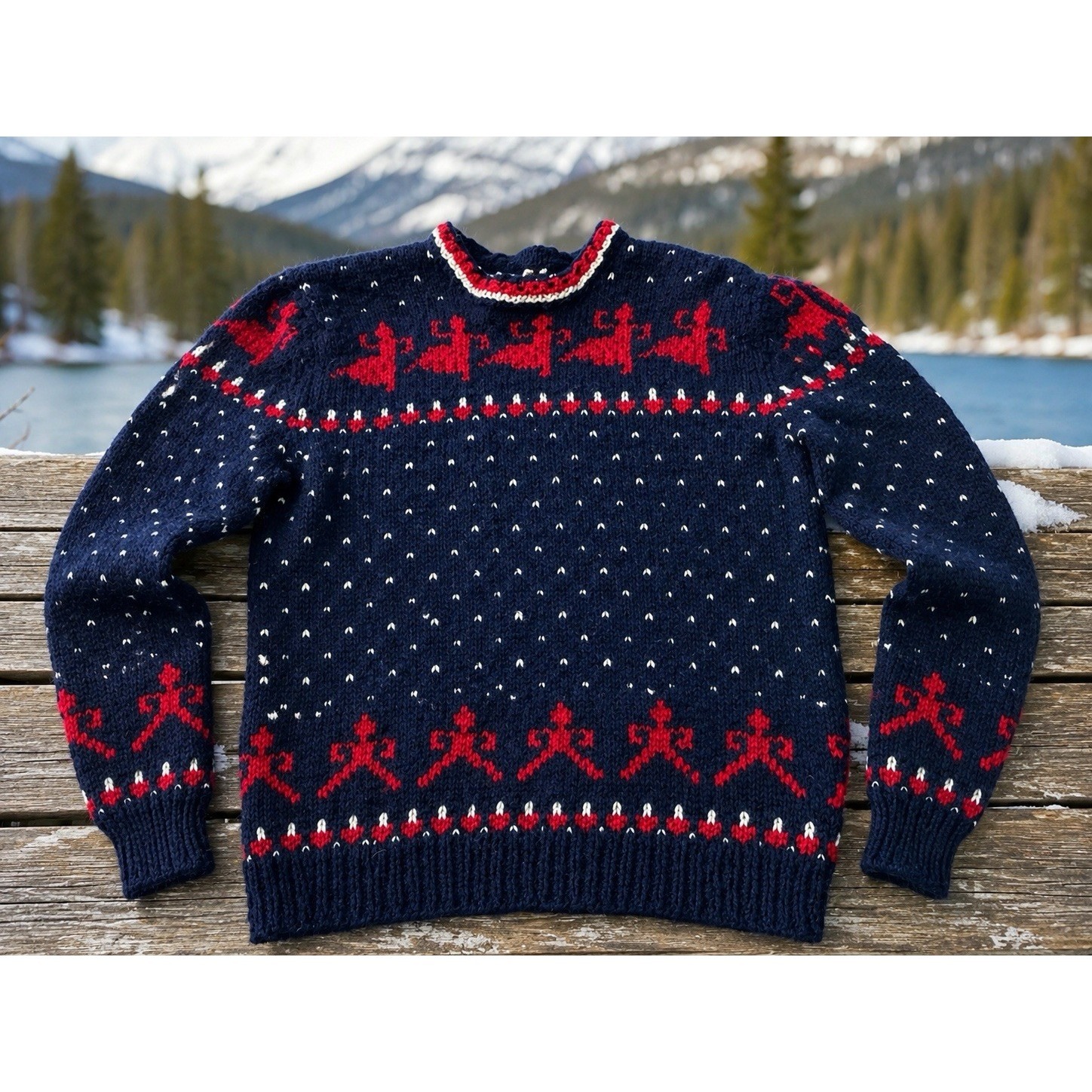 Vintage Norwegian Hand Knit 100% Wool Navy Red Pullover Sweater Sz S